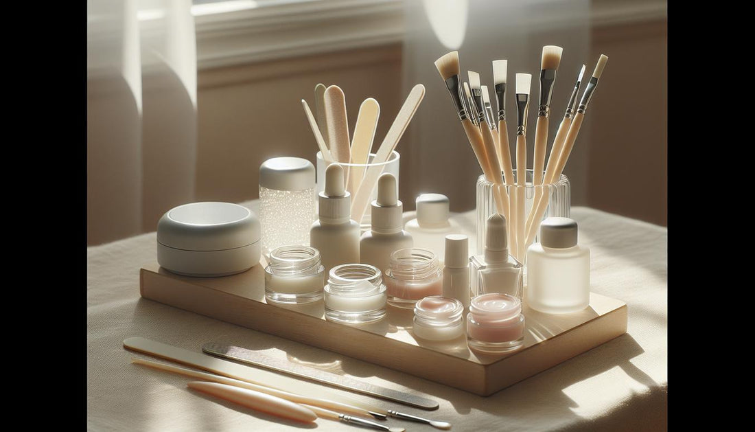 Aufgeräumte Nahaufnahme einer Arbeitsfläche mit offenen Gel-Töpfchen, Pinseln, Feilen und LED-Trockner in hellen, minimalistischen NailX-Farben – gele für nägel.