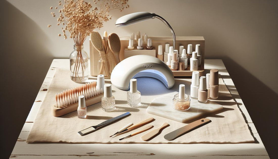 Nahaufnahme eines aufgeräumten Nageltisches mit offenem Starter-Kit, mehreren Gel‑Fläschchen, LED‑Lampe, Pinseln und Feilen auf hellem Holz – gele für nägel