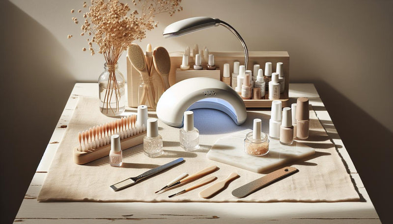 Nahaufnahme eines aufgeräumten Nageltisches mit offenem Starter-Kit, mehreren Gel‑Fläschchen, LED‑Lampe, Pinseln und Feilen auf hellem Holz – gele für nägel