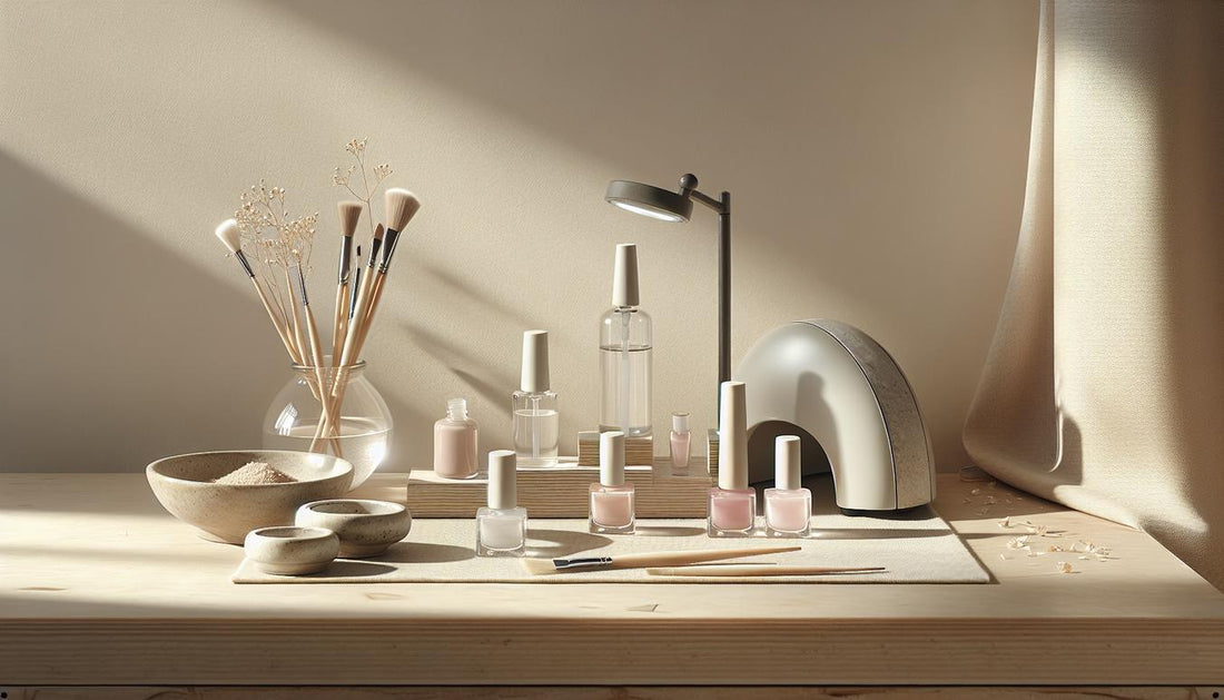 Nahaufnahme einer minimalistischen Nagelarbeitsfläche mit transluzenten gelfarben für kurze nägel in Glasfläschchen, Pinsel, neutralem Starter-Kit und matter UV-Lampe.