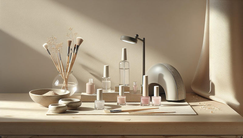 Nahaufnahme einer minimalistischen Nagelarbeitsfläche mit transluzenten gelfarben für kurze nägel in Glasfläschchen, Pinsel, neutralem Starter-Kit und matter UV-Lampe.