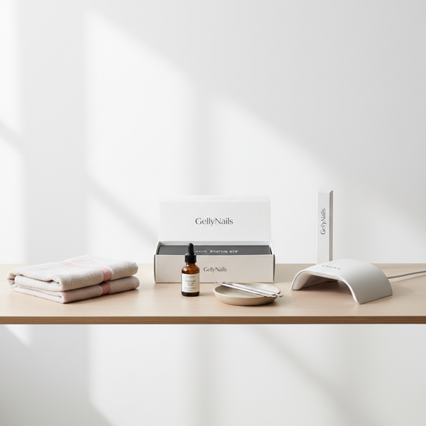 Minimalistisches Flatlay mit Gellack-Kit, LED-Lampe, Nagelöl und Werkzeug auf hellem Holztisch, weißer Hintergrund und Akzente in #f57fb6