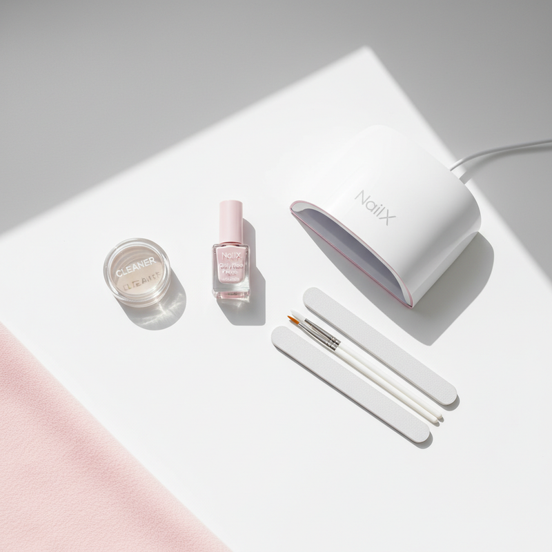 Minimalistische Flatlay-Aufnahme eines gellnails starter kit von NailX auf weißem Tisch mit UV‑Lampe, Fläschchen, Feilen und Glasreiniger.