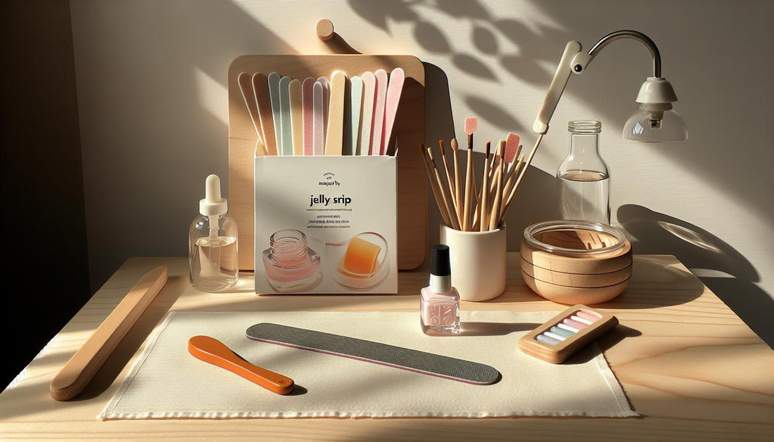 Minimalistische Nahaufnahme eines Maniküre-Setups mit geöffneten Gelly Strips, Feile, Orangenholzstäbchen, kleinen Fläschchen und LED-Lampe in hellen NailX-Farben.