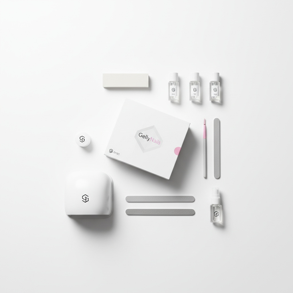 Flatlay mit GellyNails Starter Kit: geschlossene Box, UV/LED‑Lampe, Base/Top/Color‑Gels, Feilen, Buffer und Reinigungsfläschchen auf weißem Hintergrund mit #f57fb6 Akzenten