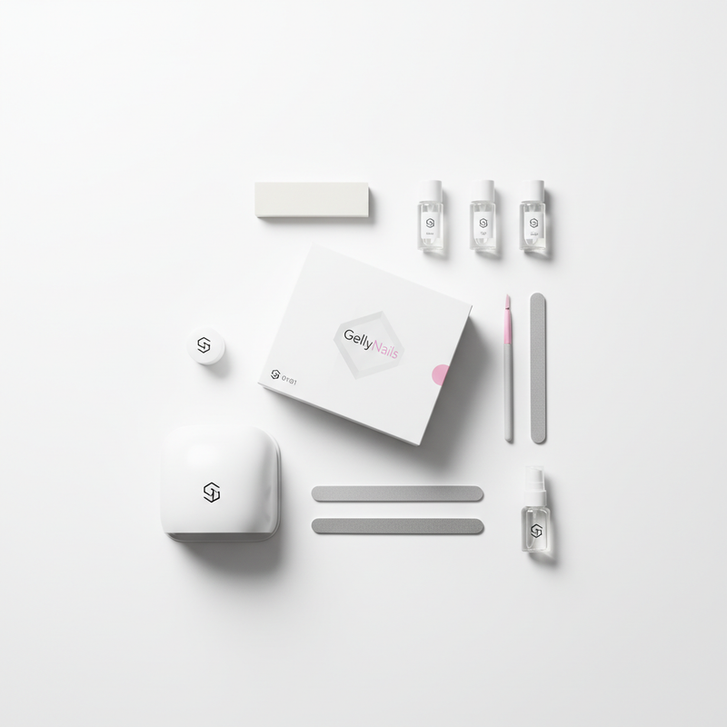 Flatlay mit GellyNails Starter Kit: geschlossene Box, UV/LED‑Lampe, Base/Top/Color‑Gels, Feilen, Buffer und Reinigungsfläschchen auf weißem Hintergrund mit #f57fb6 Akzenten