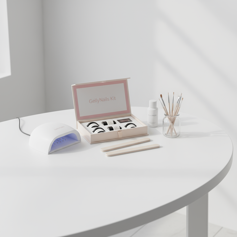 GellyNails Starter Kit in Pastell auf weißem Tisch mit UV/LED‑Lampe, Feilen, Pinselglas und Cleaner in NailX-Farben, minimalistisches Editorial-Foto