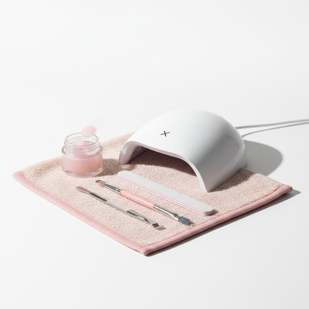 Minimalistische Szene mit GellyNails Starter Kit: kompakte UV/LED-Lampe, offener Gel-Tiegel und Nagelwerkzeuge auf pastellrosa Handtuch vor weißem Hintergrund.