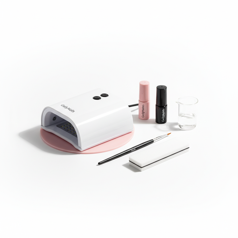 GellyNails Starter Kit auf weißem, minimalistischem Hintergrund mit LED-Lampe, zwei Gel-Fläschchen und dezentem NailX-pink Akzent