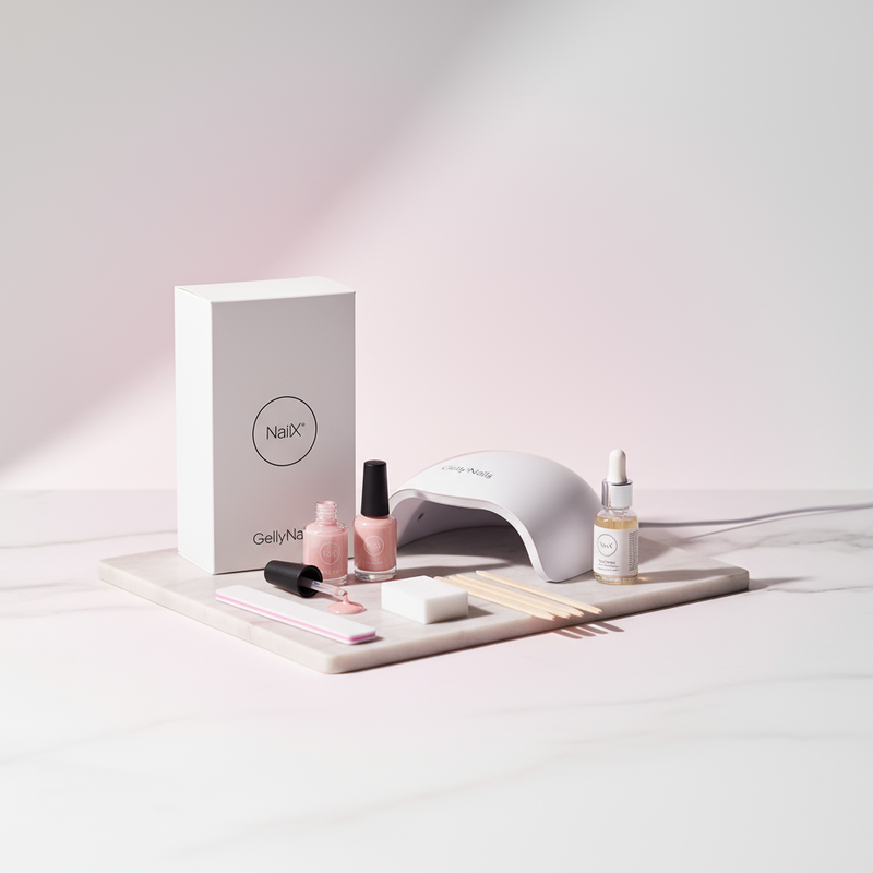Minimalistische Produktaufnahme eines GellyNails Starter Kit: Verpackung, LED‑Lampe, zwei geöffnete Fargels, Nagelöl und Tools auf hellem Marmor mit pastellakzent #f57fb6.
