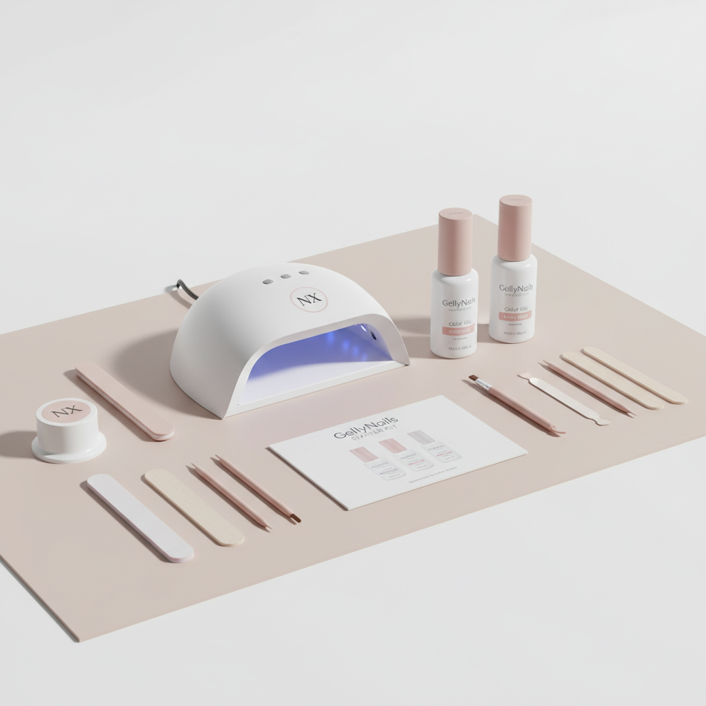 GellyNails Starter Kit mit weißer UV‑LED‑Lampe, Fläschchen und Nagelwerkzeugen auf minimalistischem pastelrosa‑beigem Hintergrund, dezente Akzente in #f57fb6