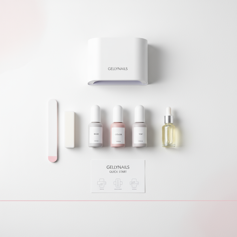 Flatlay des GellyNails Starter Kit mit UV/LED‑Lampe, drei Fläschchen (Base, Farbe, Top), Feile, Buffer, Nagelöl und schlichter Anleitung auf hellem Hintergrund