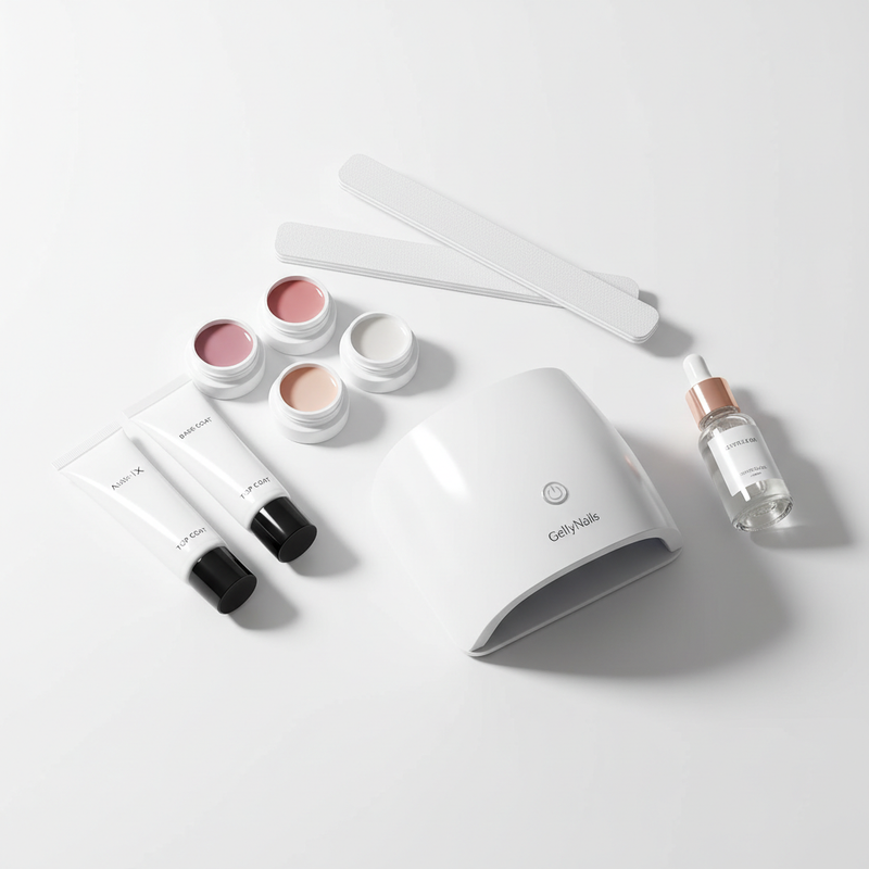 GellyNails Starter Kit auf weißer Tischplatte mit UV‑Lampe, Base/Top‑Gels, Farbtöpfen, Feilen und Nagelöl, minimalistisches NailX‑Layout mit #f57fb6 Akzenten