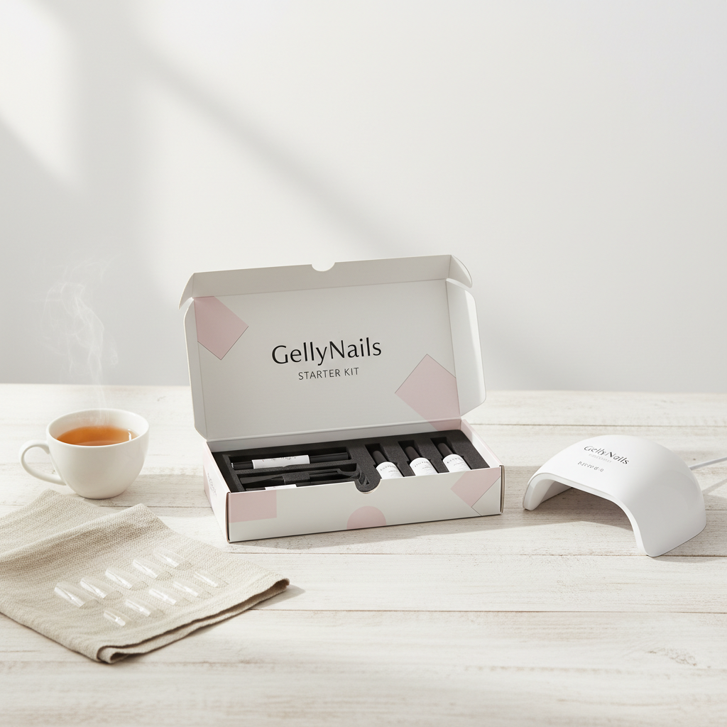 GellyNails Starter Kit auf hellem Holztisch mit LED‑Lampe, Soft‑Gel‑Tips auf Leinenstoff und Tasse Tee, minimalistisches NailX‑Brand‑Styling, weißer Hintergrund
