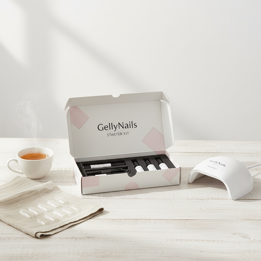GellyNails Starter Kit auf hellem Holztisch mit LED‑Lampe, Soft‑Gel‑Tips auf Leinenstoff und Tasse Tee, minimalistisches NailX‑Brand‑Styling, weißer Hintergrund