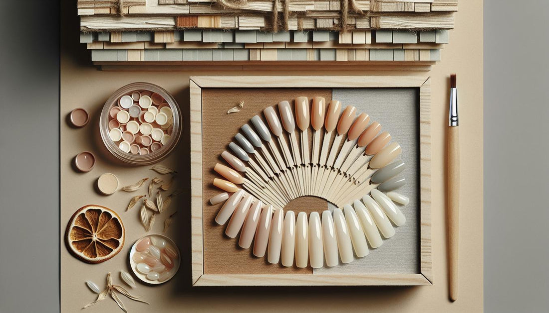 Nahaufnahme ablösbarer künstlicher Gelnägel (matte & chrom) in natürlichen Tönen auf recyceltem Karton und Birkenholz mit zartem Pink-Akzent, Gelnägel 2025