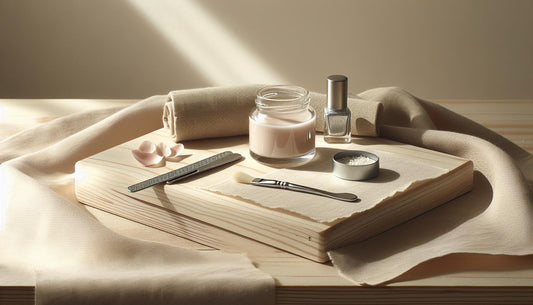Nahaufnahme minimalistisches Stillleben mit Maniküre-Werkzeugen, Chrome-Puder, Thermo-Gel und Nagellampe auf hellem Holz – dezente Pink-Akzente, Gelnägel 2025
