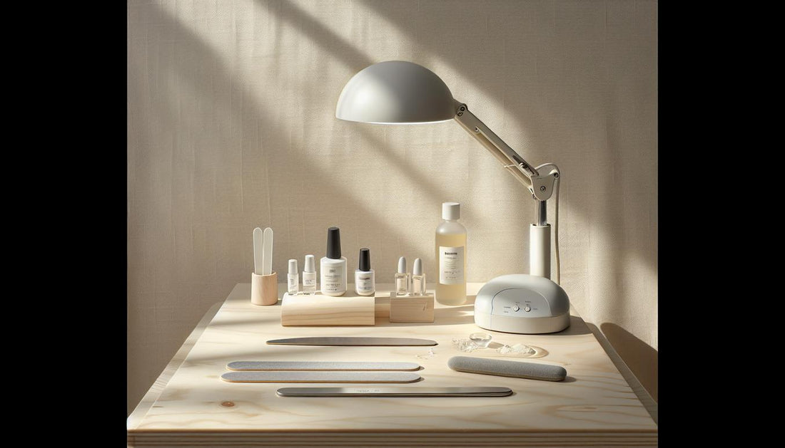 Aufgeräumter Nageldesign‑Arbeitsplatz mit UV/LED‑Lampe, Dehydrator, Primer, Gel‑Tuben, Feilen und Nagelöl – minimalistisch, hell, Gelnägel.