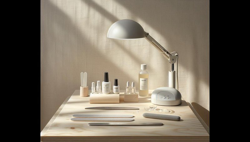 Aufgeräumter Nageldesign‑Arbeitsplatz mit UV/LED‑Lampe, Dehydrator, Primer, Gel‑Tuben, Feilen und Nagelöl – minimalistisch, hell, Gelnägel.