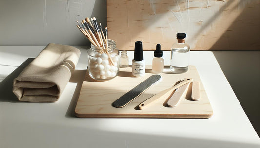 Minimalistischer Nagelpflege-Arbeitsplatz mit unlackierten Fläschchen, Glasgefäß mit Watte, Nagelfeile und Handtuch – Vorbereitung für Gelnägel in hellem Studio.