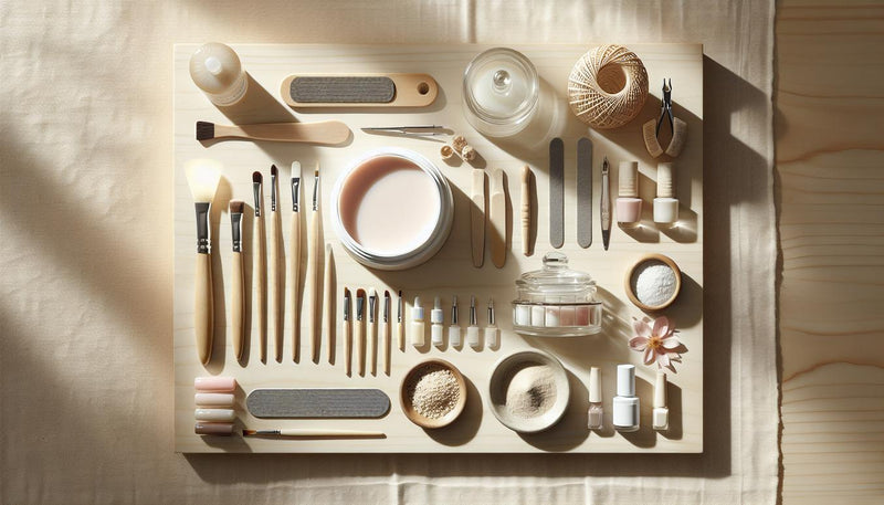 Nahaufnahme einer aufgeräumten Nagelarbeitsstation mit offenem UV-Gel, Pinseln, kleinen Dosen und LED-Lampe, dezente rosa Akzente für Gelnägel.