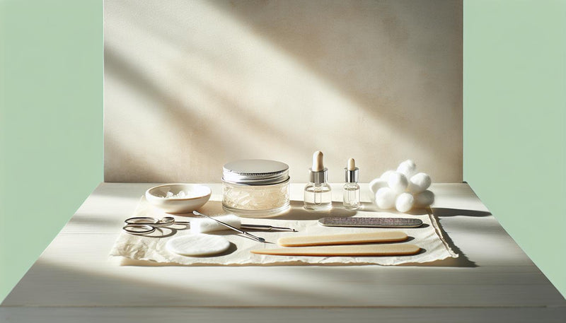 Offenes Gel-Starterkit mit Watte, Alufolie, Feile, Buffer und Nagelöl auf hellem Holz – minimalistisch arrangiert zum Gelnägel entfernen.