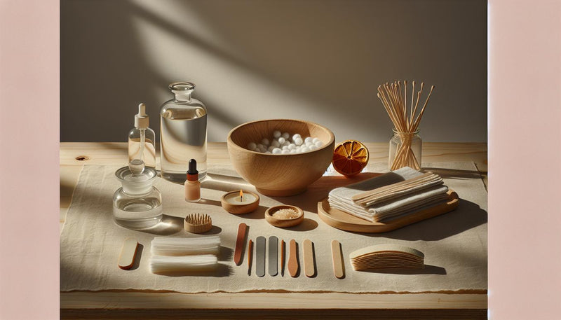 Minimalistisches Maniküre‑Setup auf hellem Birkenholz mit Acetonfläschchen, Wattepads, Alufolie, Feilen, Orangesticks und Nagelhautöl – Gelnägel entfernen zuhause.