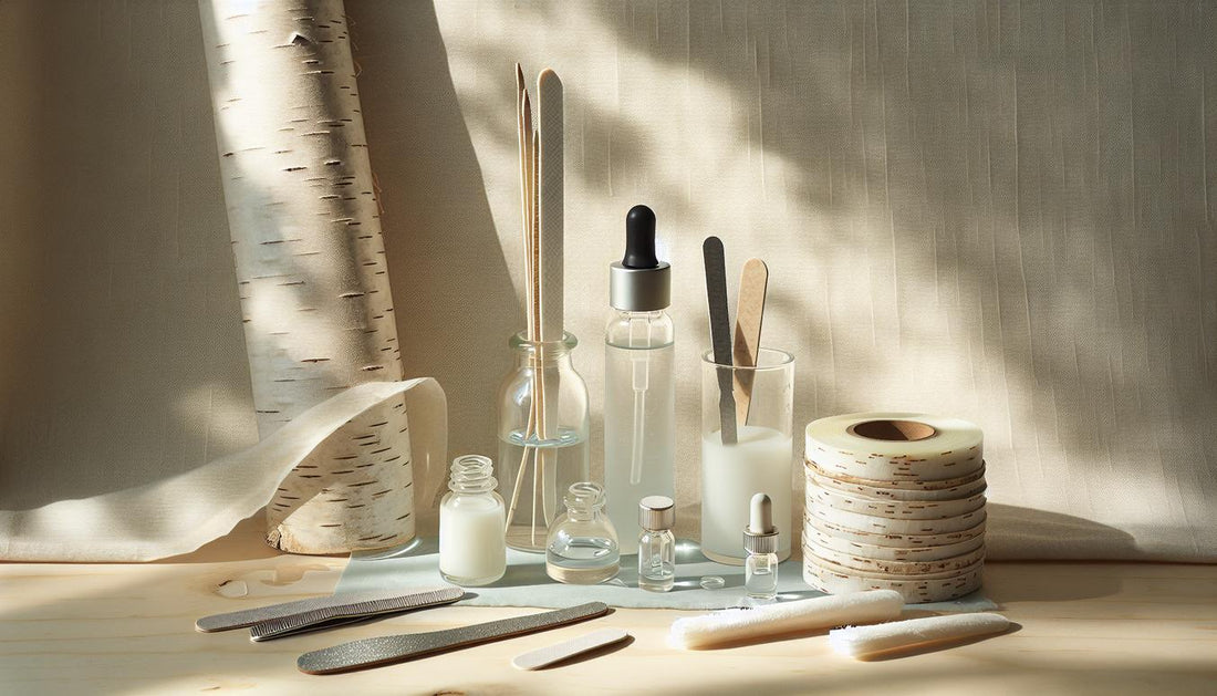 Minimalistisches Arrangement mit Nagelentferner-Fläschchen, getränkten Removal-Pads, Alufolie, Glasfeile, Holzstäbchen und Nagelöl auf hellem Holz – Gelnägel entfernen zuhause