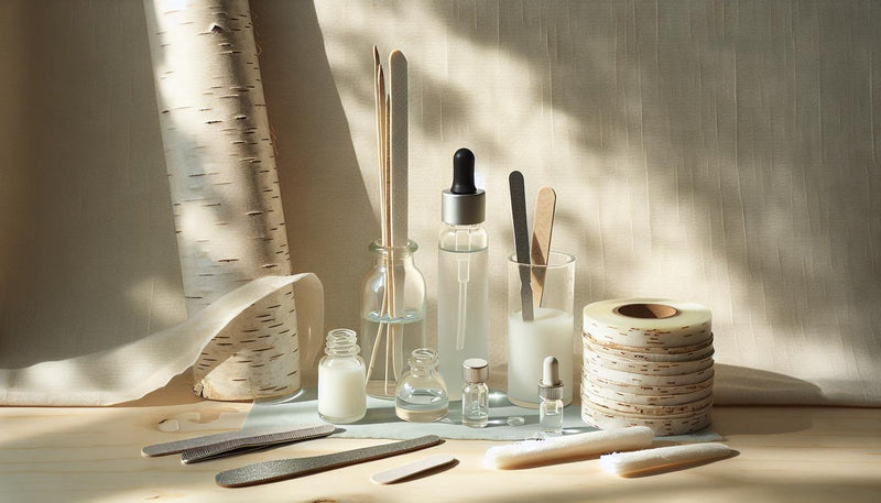 Minimalistisches Arrangement mit Nagelentferner-Fläschchen, getränkten Removal-Pads, Alufolie, Glasfeile, Holzstäbchen und Nagelöl auf hellem Holz – Gelnägel entfernen zuhause