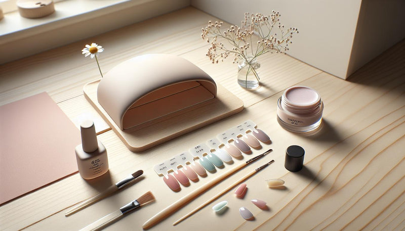 Gelnägel Frühling 2025 – Nahaufnahme vorbereiteter Nageltips mit Pastell‑Rosé (#e684b4), Hellmint und Flieder auf hellem Birkenholz, Gänseblümchen, Pinsel, Feile und offene Mini-UV-Lampe.