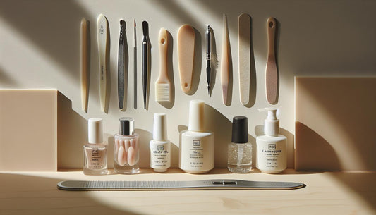 Flatlay mit GellyTips in vier Formen, offenen Base- und Top-Gel-Fläschchen, Dehydrator, Feilen, Buffer, Cleaner und LED-Lampe – Gelnägel für Anfänger, helles Holz, minimalistisch