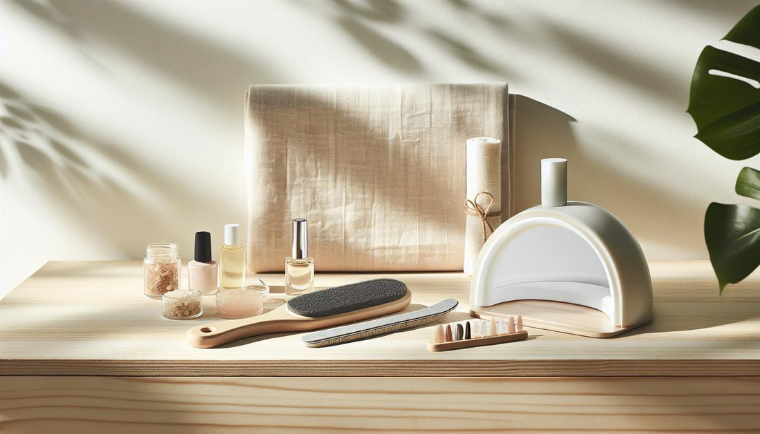 Flatlay einer sauberen Fußpflegeszene mit Handtuch, Nagelfeile, Dehydrator- und Primer-Fläschchen, UV-Lampe und Glas mit Nagelöl – Gelnägel Fußpflege