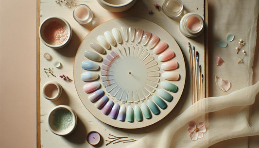 Gelnägel ideen sommer: Minimalistisches Moodboard-Close-up mit Pastell‑Ombré Nageltips (Mint→Flieder), Korallen‑Akzent und Sheer‑Nude Swatches auf hellem Holz.