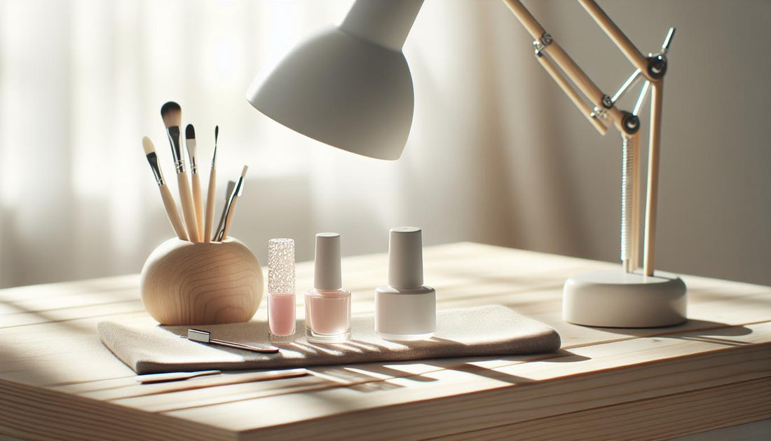 Aufgeräumter Nageltisch: ausgeschaltete LED‑Lampe, Gel‑Polish‑Fläschchen, Pinsel, Feilen und sauberes Handtuch auf hellem Holz — Gelnägel ohne UV-Licht