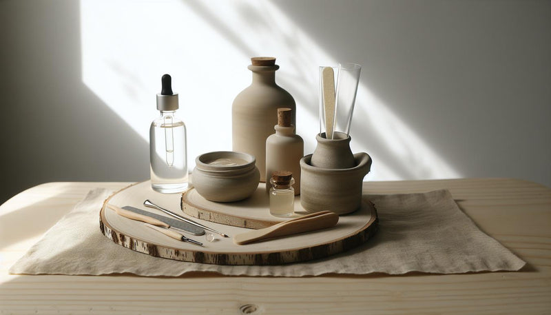 Nahaufnahme von Pflegetools für Gelnägel auf hellem Birkenholz: offenes UV-Gel, Dehydrator-Fläschchen, Cuticle Oil, Nagelfeile, dezenter pinker Akzent.