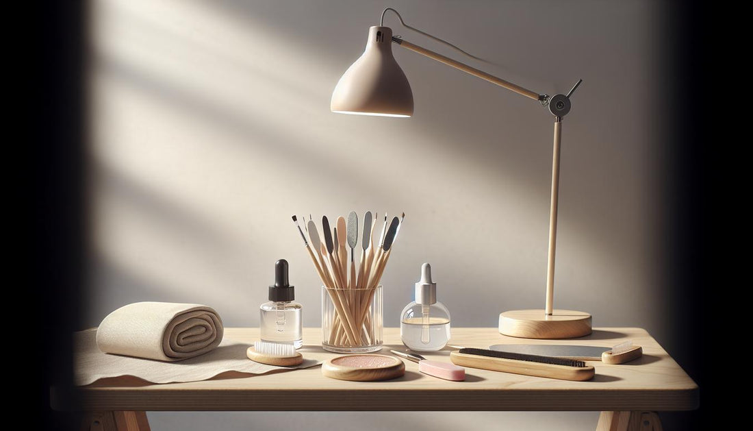 Minimalistischer Studioarbeitsplatz mit geöffnetem, unlabeledem Gelnägel-Starter‑Kit, LED-Lampe, Feilen, Buffer und Nagelöl in übersichtlicher Anordnung zur Gelnägel Reihenfolge.