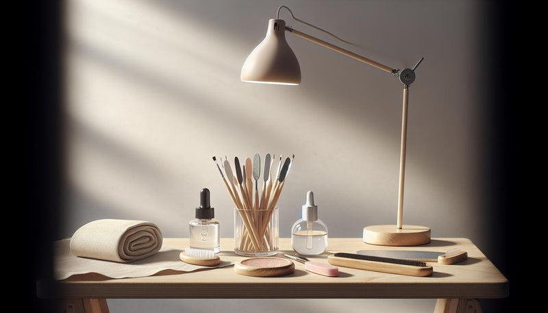 Minimalistischer Studioarbeitsplatz mit geöffnetem, unlabeledem Gelnägel-Starter‑Kit, LED-Lampe, Feilen, Buffer und Nagelöl in übersichtlicher Anordnung zur Gelnägel Reihenfolge.