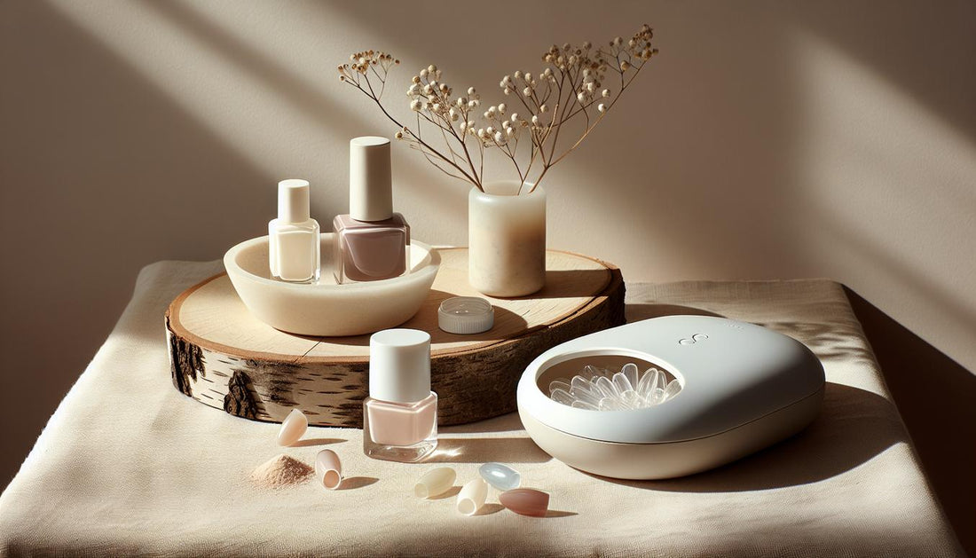 Gelnägel-Setup mit klassischen Lackfläschchen, LED/UV-Gerät und Gel-Tips auf heller, minimalistischer Studiofläche im NailX-Stil.