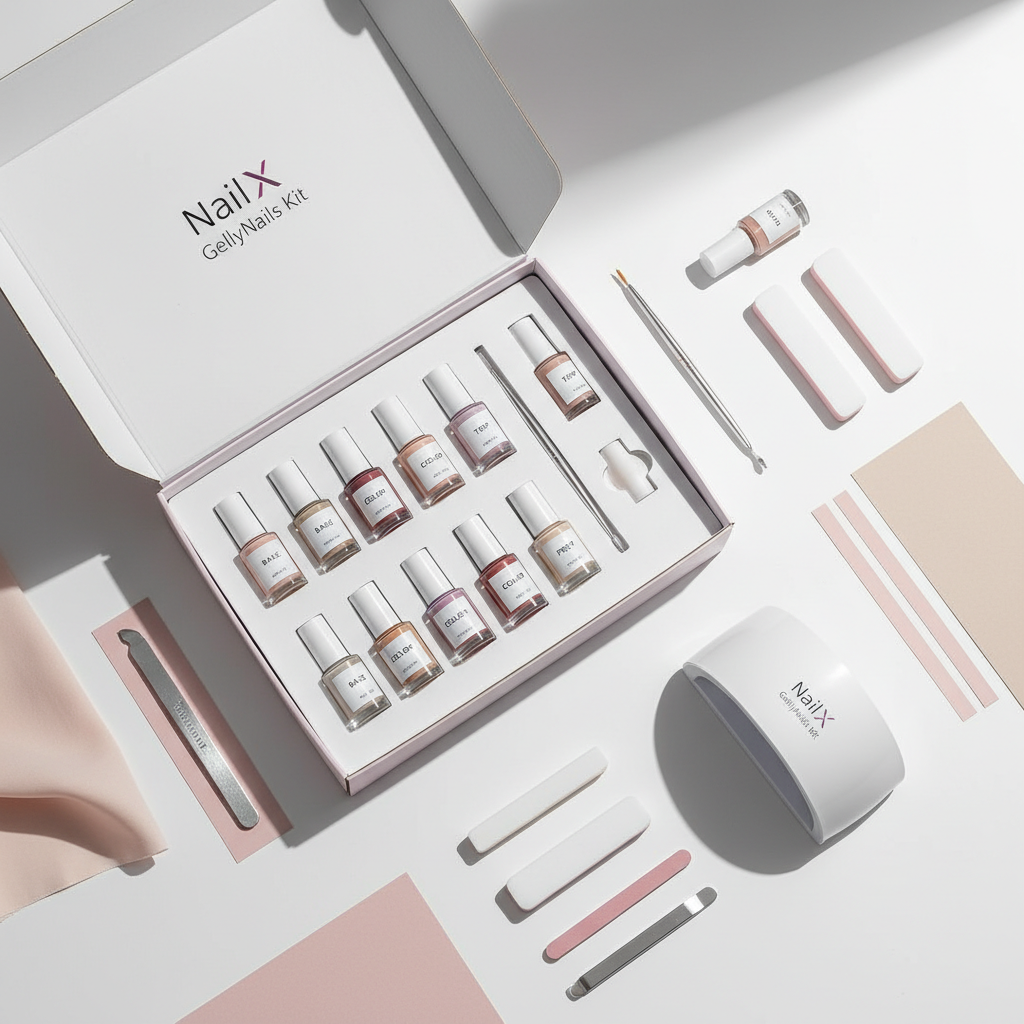 Flatlay einer geöffneten NailX GellyNails Kit-Box mit Fläschchen, Pinsel, Buffer und LED-Lampe auf weißer Oberfläche, dezente Pastellakzente – Gelnägel Trends 2025