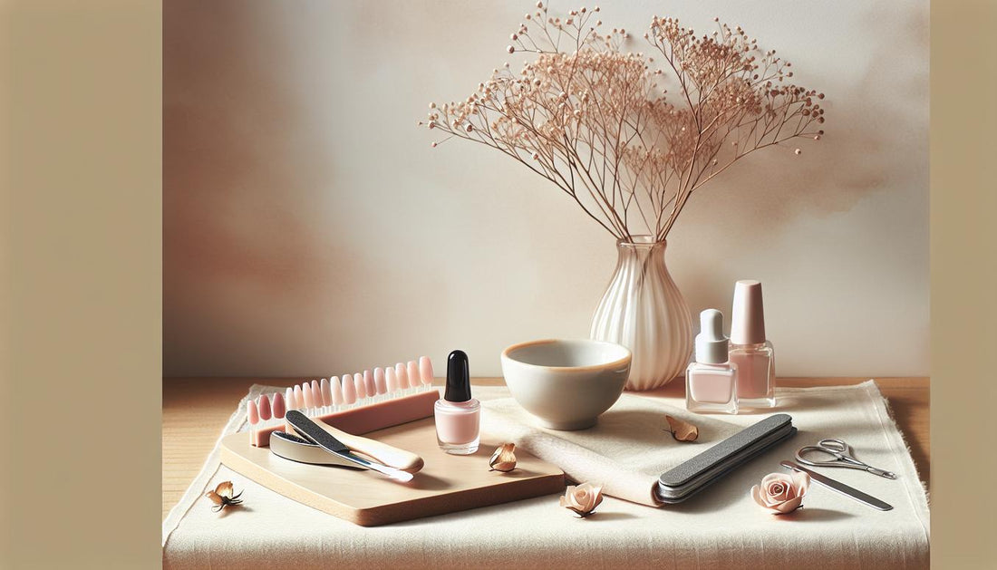 Stillleben mit kurzen, dezent lackierten Kunstnägeln, Feile, Buffer, Glas mit Aceton und Nagelöl auf heller Holzoberfläche – gelnägel ab welchem alter