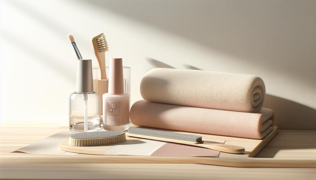 Minimalistischer Maniküre‑Arbeitsplatz auf Birkenholz mit Pastellhandtuch, feinem Buffer, geöffneter Acetonflasche, Alufolie, Holz‑Cuticle‑Sticks und Nagelöl – gelnägel abfeilen