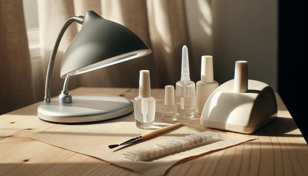 Nahaufnahme eines minimalistischen Maniküre‑Arbeitsplatzes mit UV‑Lampe, geordneten Gelfläschchen (ohne lesbare Etiketten) und offenem SDS‑Papier, zarte pinke Akzente; gelnägel allergien