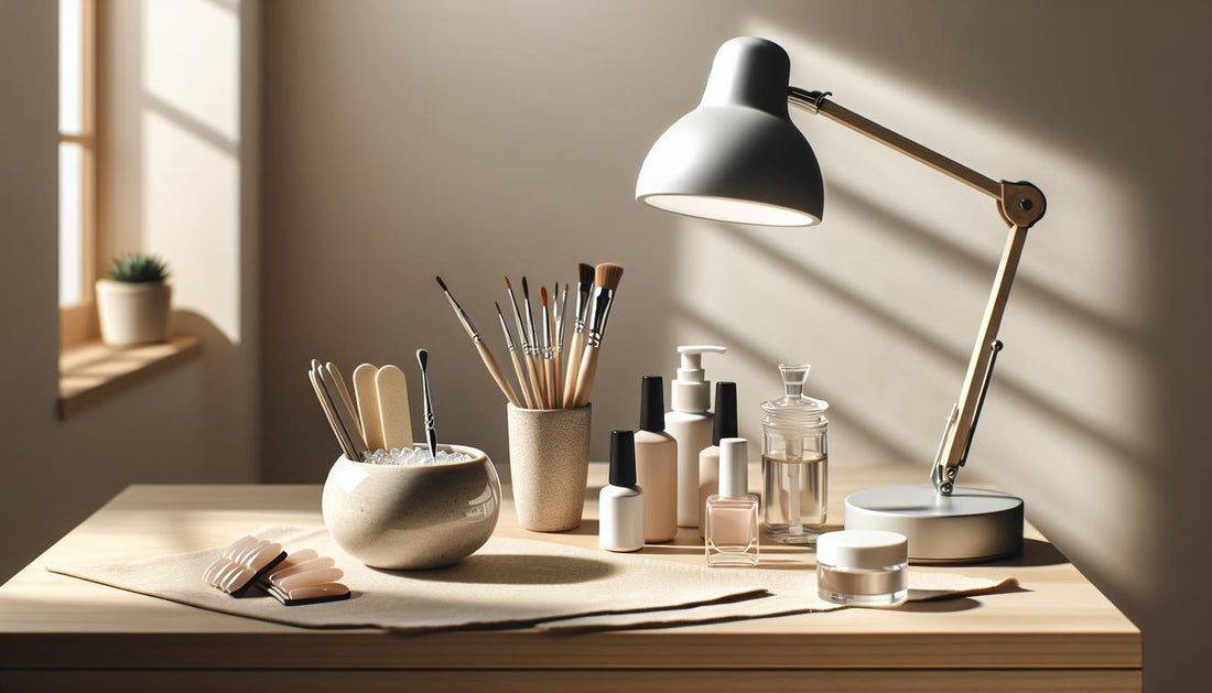 Minimalistische Nahaufnahme eines Starter-Kits für Gelnägel auf hellem Birkenholz mit LED-Lampe, offenen Gel-Tiegeln, Feilen und Cuticle Oil – gelnägel anfänger tipps