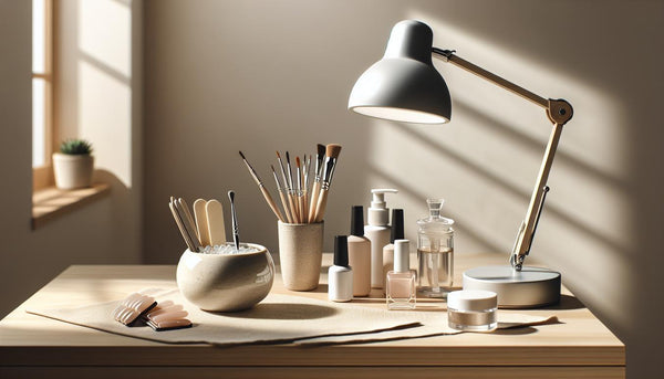 Minimalistische Nahaufnahme eines Starter-Kits für Gelnägel auf hellem Birkenholz mit LED-Lampe, offenen Gel-Tiegeln, Feilen und Cuticle Oil – gelnägel anfänger tipps