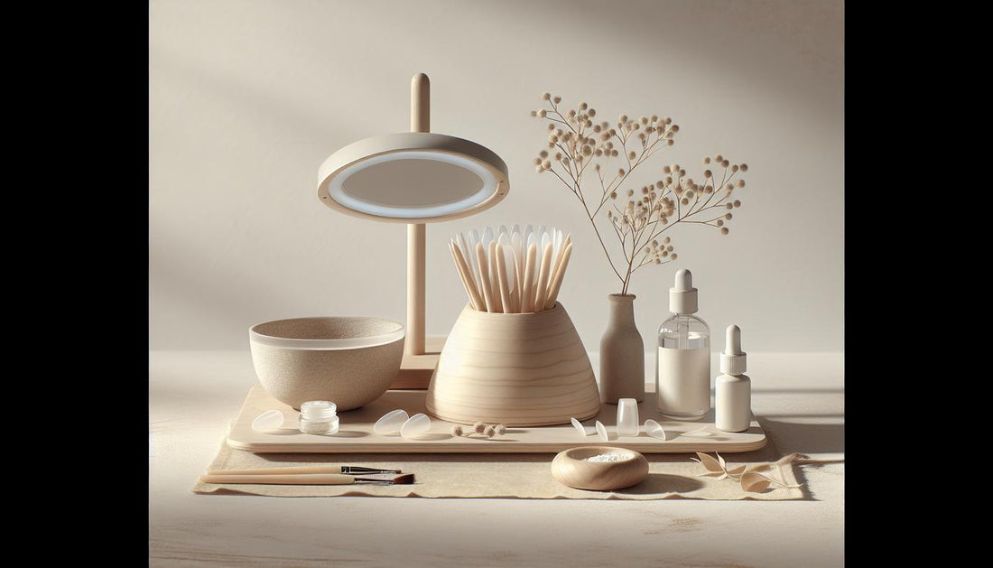 Minimalistische DIY-Nagelstation auf hellem Birkenholz mit UV-Lampe, offenen Geltiegeln, Pinsel und beigem Tuch – gelnägel anfängertipps