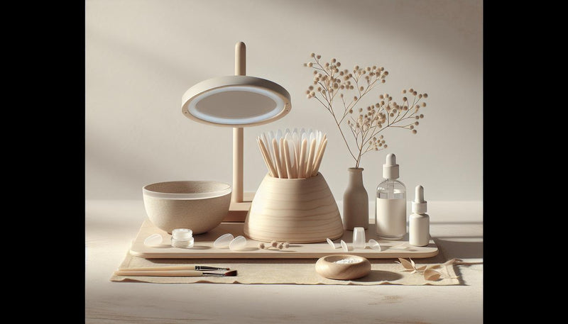 Minimalistische DIY-Nagelstation auf hellem Birkenholz mit UV-Lampe, offenen Geltiegeln, Pinsel und beigem Tuch – gelnägel anfängertipps