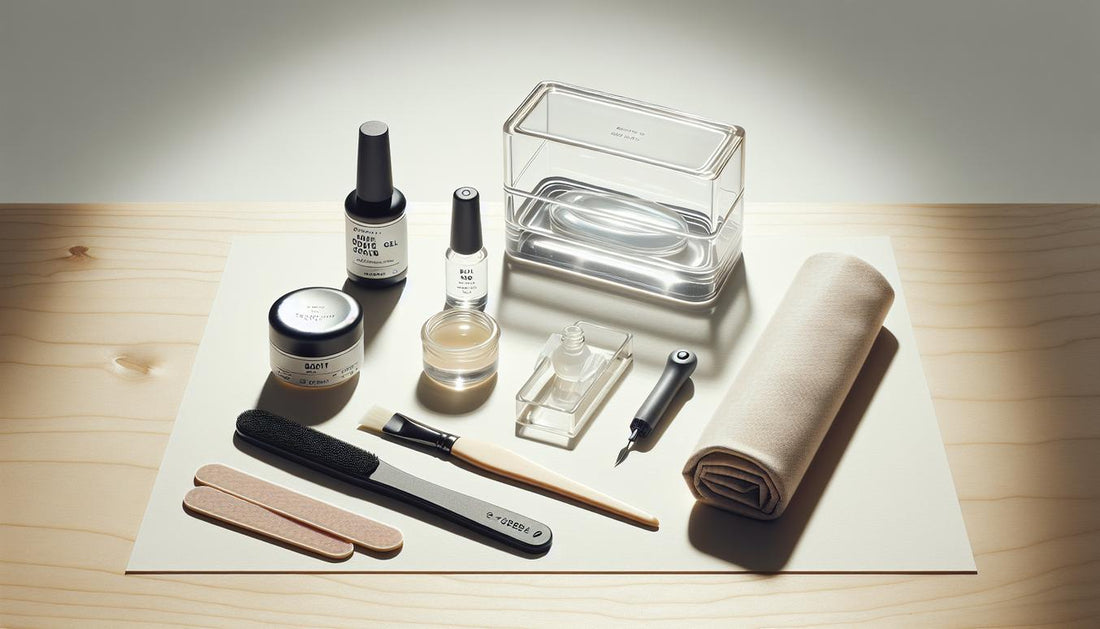 Flat-Lay eines minimalistischen Gelnägel-Starter-Sets auf hellem Birkenholz mit LED-Lampe, Pinsel (Pink-Akzent) und Primer – Gelnägel Anleitung, hell und aufgeräumt.