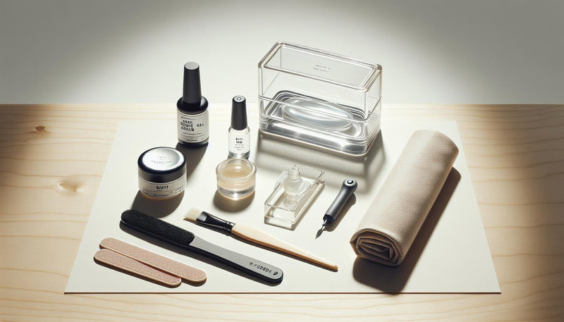 Flat-Lay eines minimalistischen Gelnägel-Starter-Sets auf hellem Birkenholz mit LED-Lampe, Pinsel (Pink-Akzent) und Primer – Gelnägel Anleitung, hell und aufgeräumt.