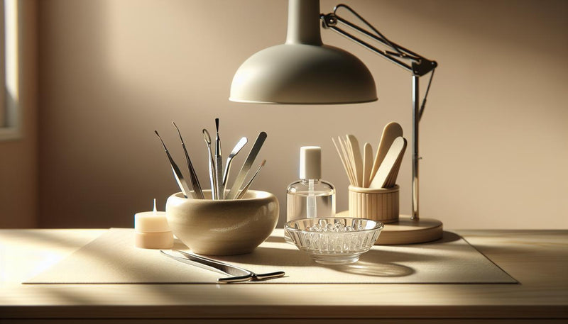 Saubere Nagelarbeitsfläche mit geöffneten Dehydrator- und Primerfläschchen, sterilen Instrumenten in Keramikschale, Feilen und UV/LED-Lampe für Gelnägel.