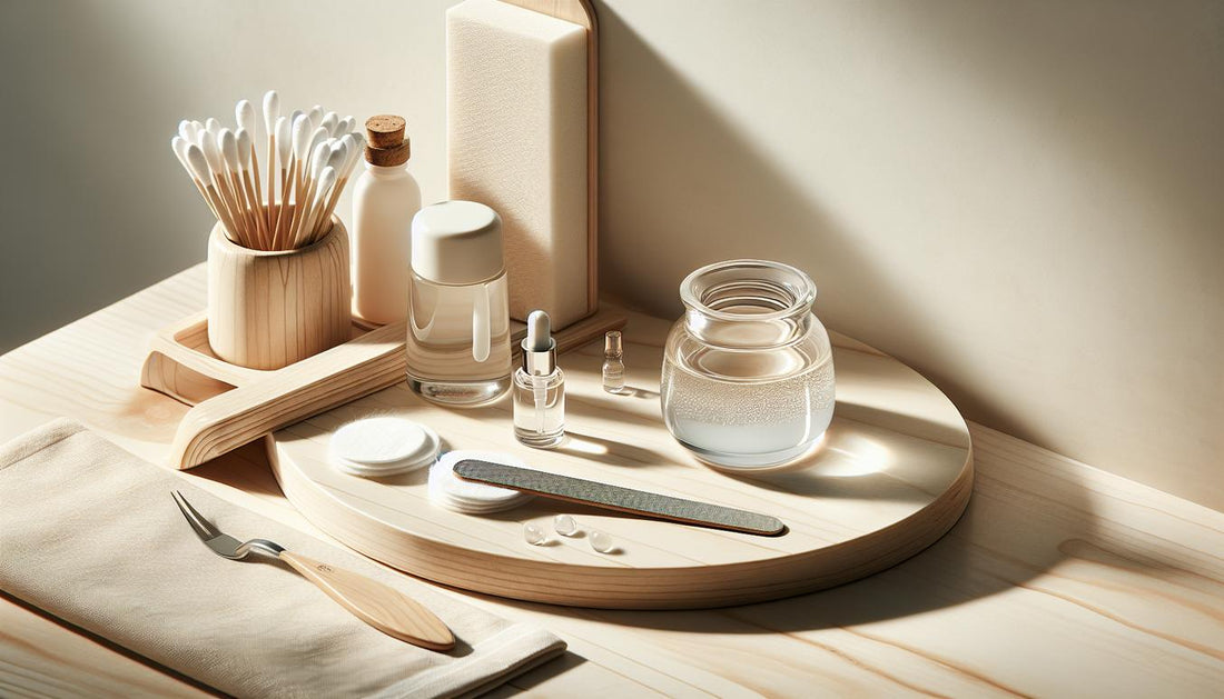 Helle, minimalistische Nagelarbeitsfläche mit offenem UV‑Gel, Nagelöl, Baumwollpads und feiner Nagelfeile – ruhiges Morgenlicht, ideal für Gelnägel.